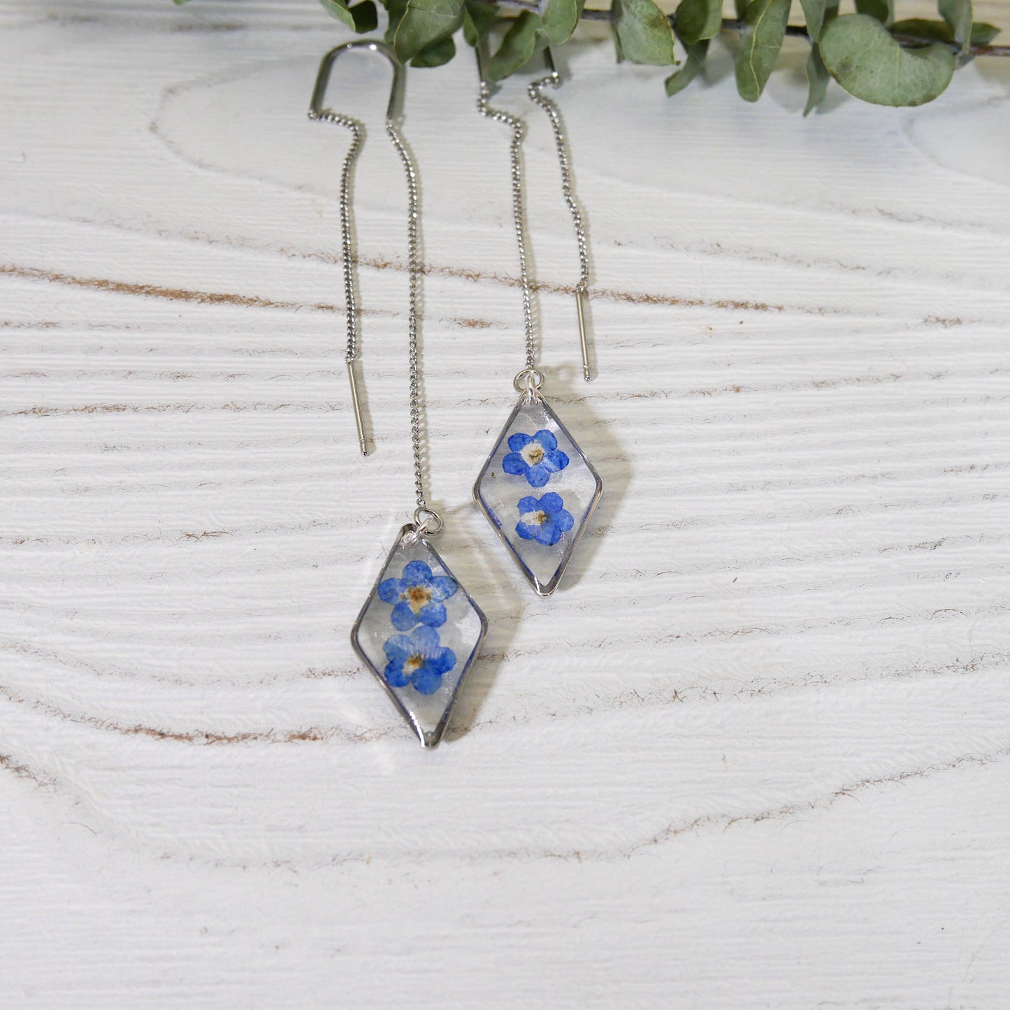 Forget me not ear threaders, pressed flower earrings, real pressed flower earrings, botanical jewelry