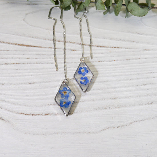 Forget me not ear threaders, pressed flower earrings, real pressed flower earrings, botanical jewelry