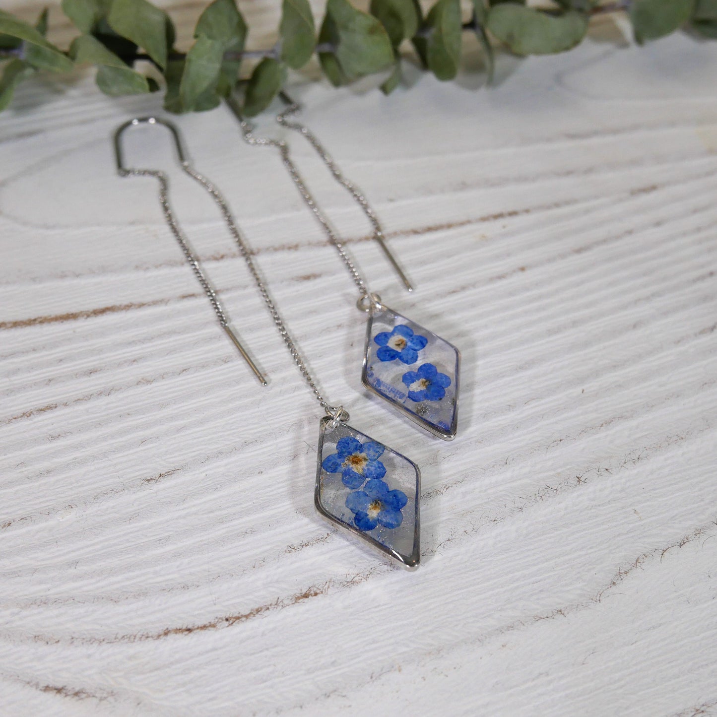 Forget me not ear threaders, pressed flower earrings, real pressed flower earrings, botanical jewelry