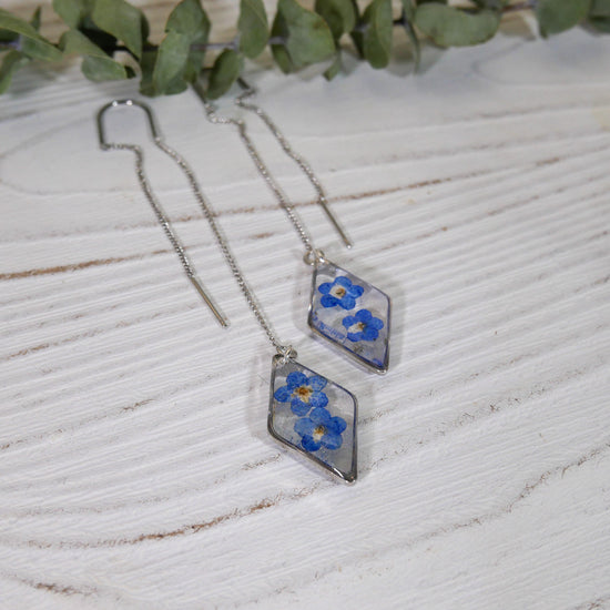Forget me not ear threaders, pressed flower earrings, real pressed flower earrings, botanical jewelry