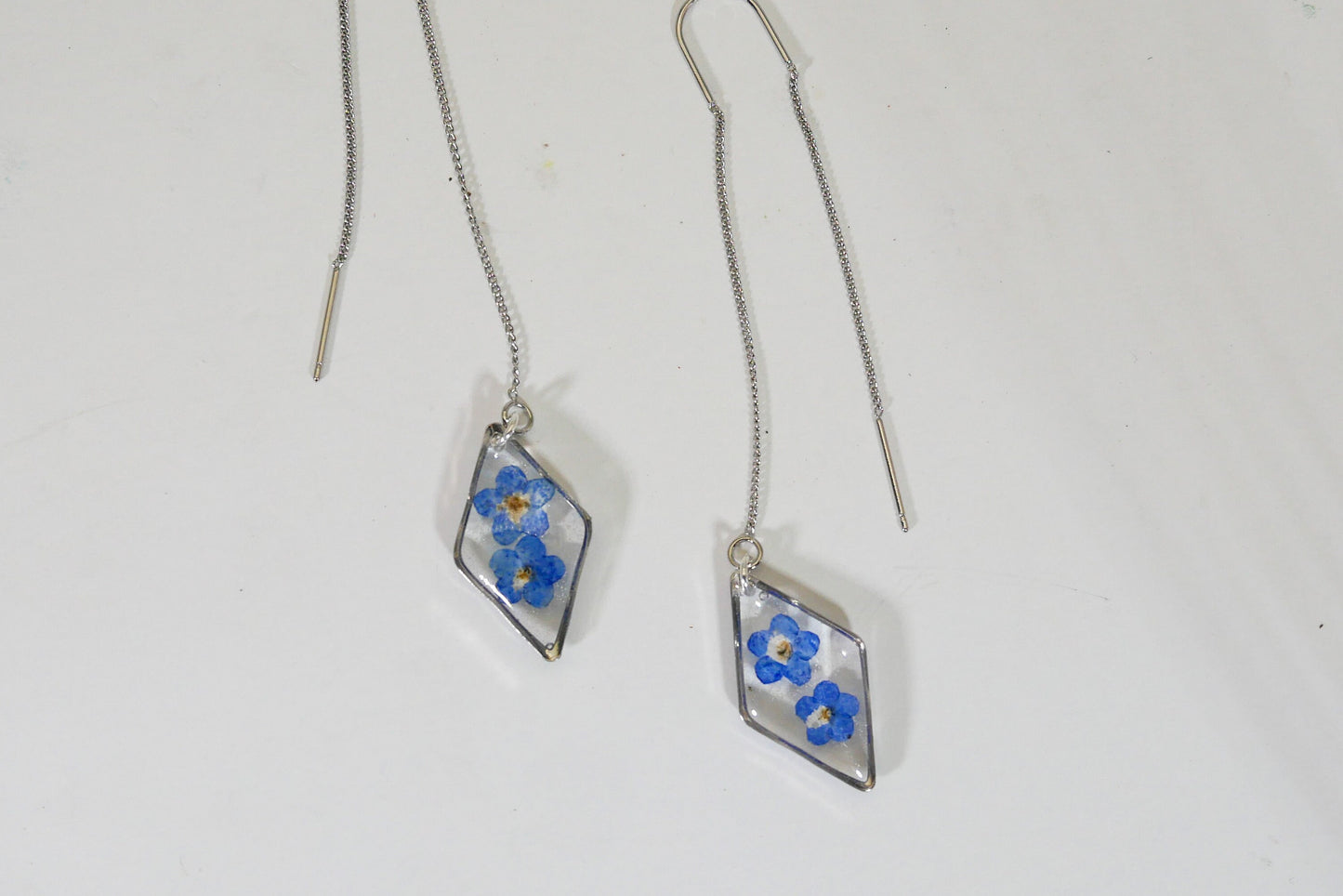Forget me not ear threaders, pressed flower earrings, real pressed flower earrings, botanical jewelry