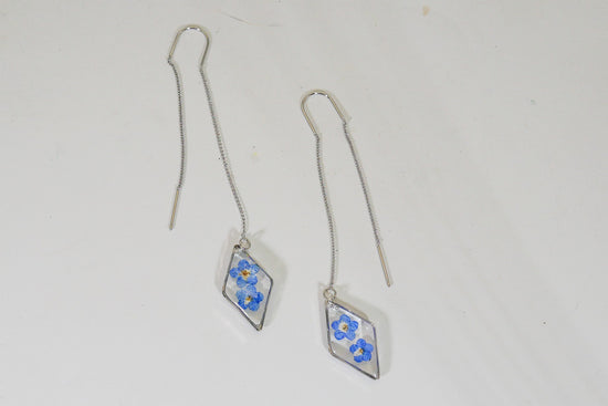 Forget me not ear threaders, pressed flower earrings, real pressed flower earrings, botanical jewelry