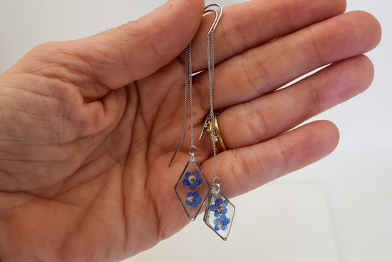 Forget me not ear threaders, pressed flower earrings, real pressed flower earrings, botanical jewelry