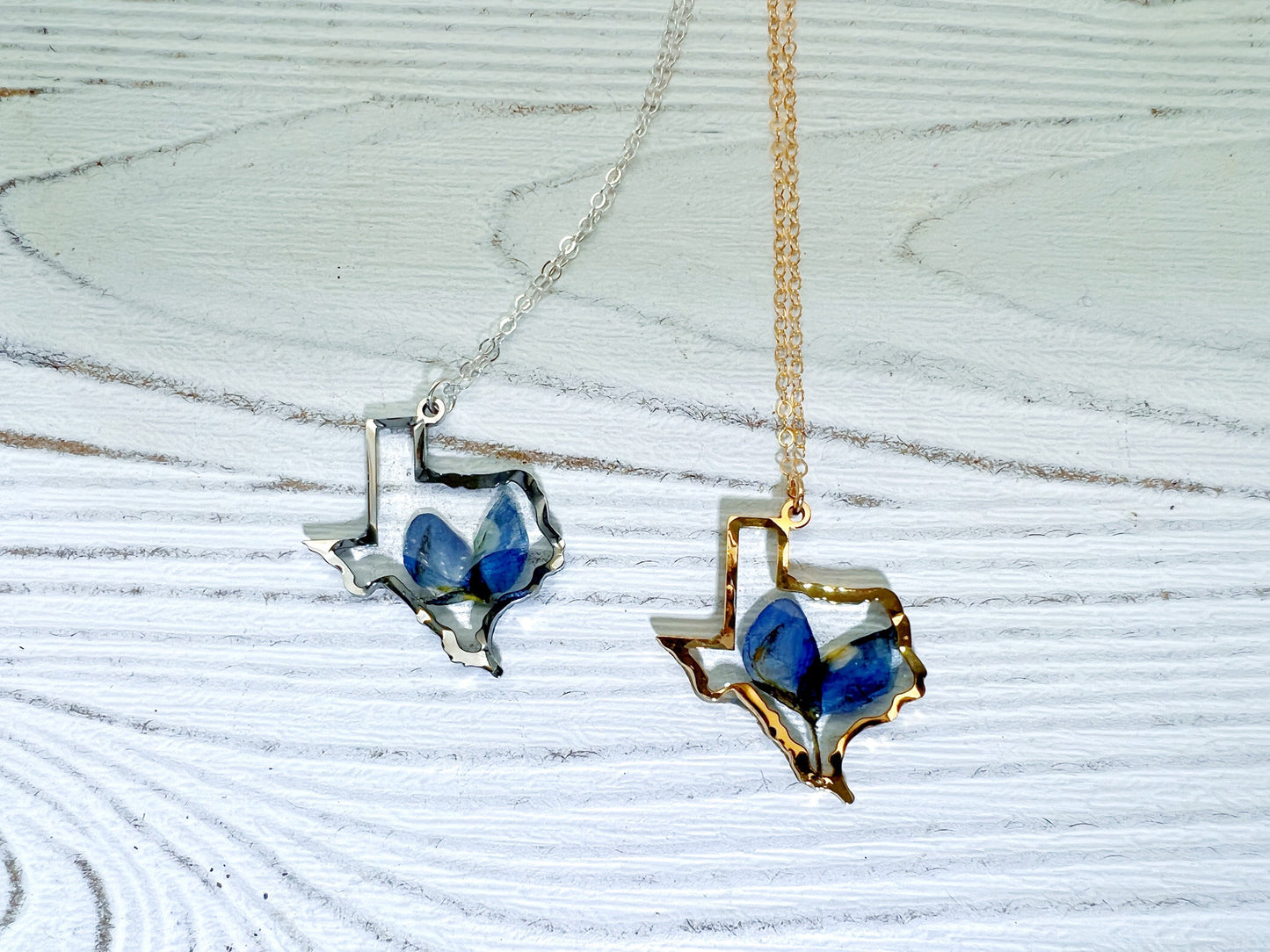 Texas Necklace with Pressed Bluebonnet Petal – 14k Gold Fill or Sterling Silver – Dainty Texas Jewelry – Texas Gift for Her