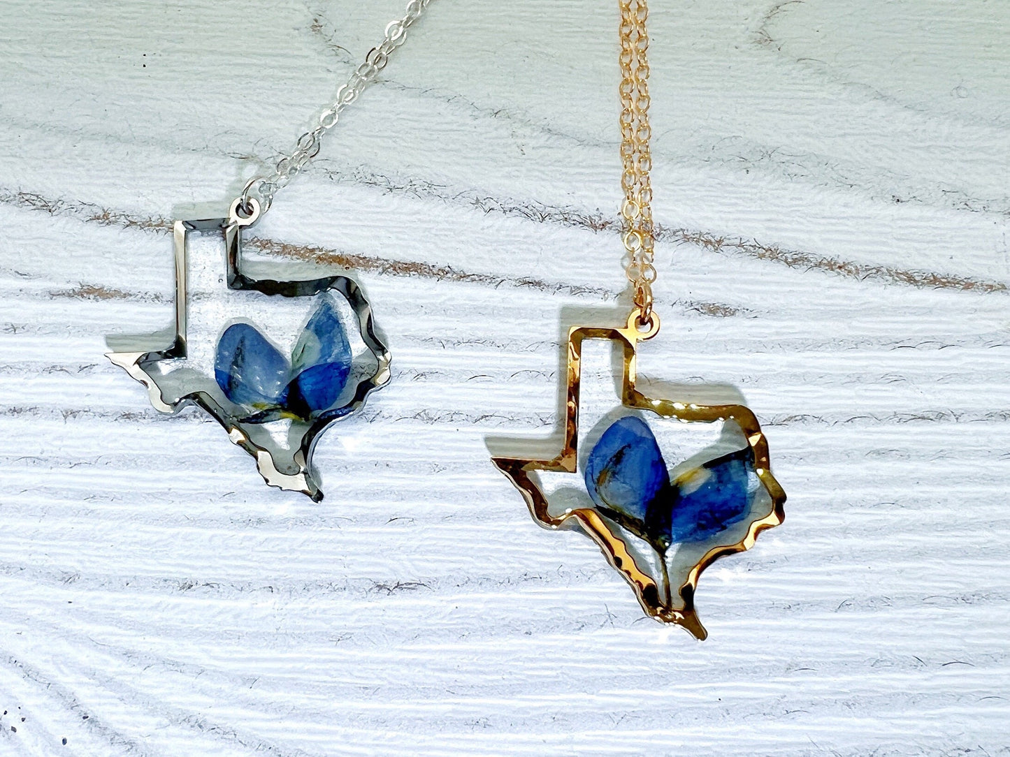 Texas bluebonnet necklace, gold Texas necklace, real bluebonnet necklace, pressed flower jewelry, Texas gift jewelry