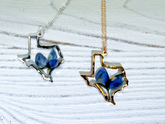 Texas bluebonnet necklace, gold Texas necklace, real bluebonnet necklace, pressed flower jewelry, Texas gift jewelry