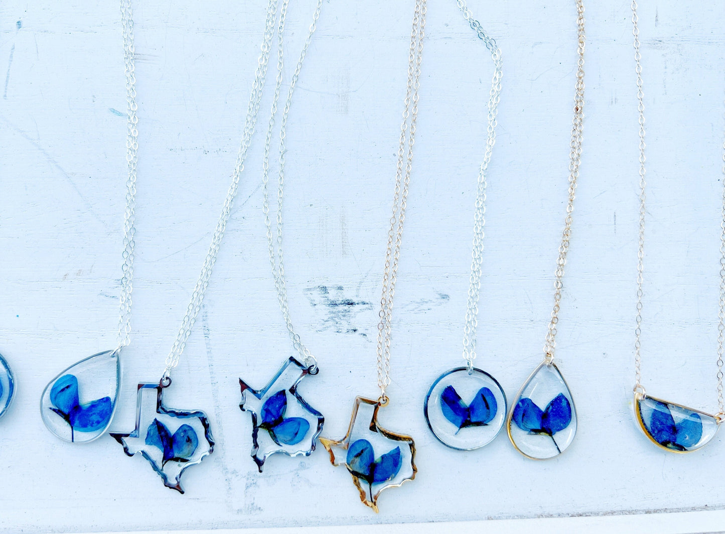 Texas bluebonnet necklace, gold Texas necklace, real bluebonnet necklace, pressed flower jewelry, Texas gift jewelry