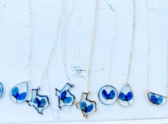 Texas bluebonnet necklace, gold Texas necklace, real bluebonnet necklace, pressed flower jewelry, Texas gift jewelry