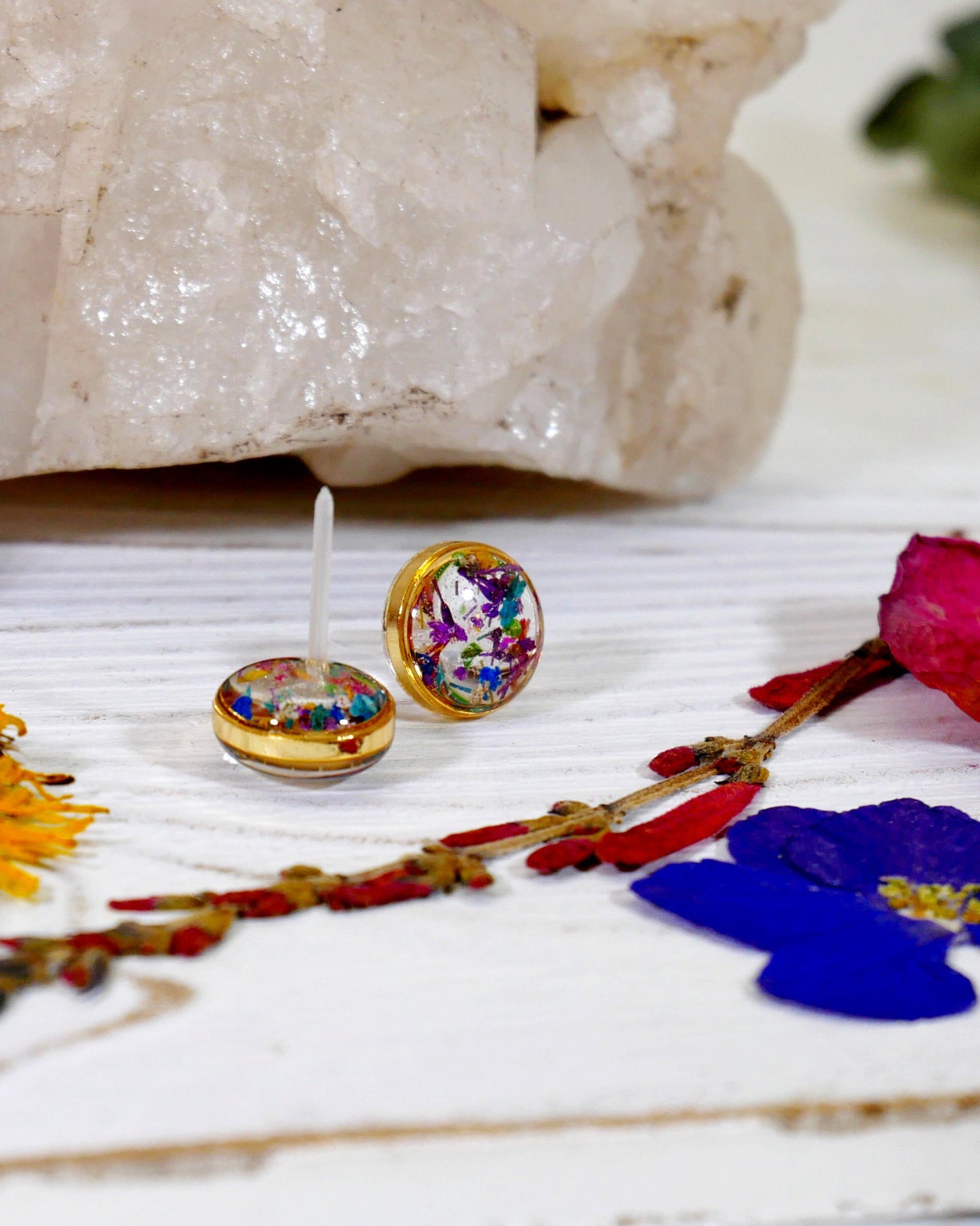 Real Flower confetti stud earrings, rainbow studs, Pressed flower jewelry