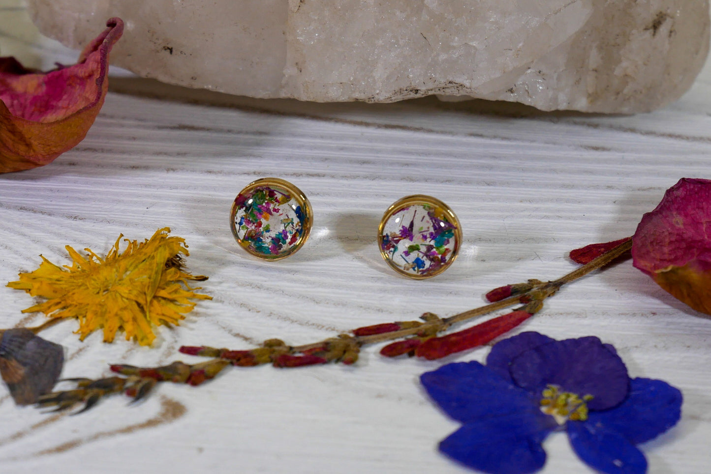 Real Flower confetti stud earrings, rainbow studs, Pressed flower jewelry