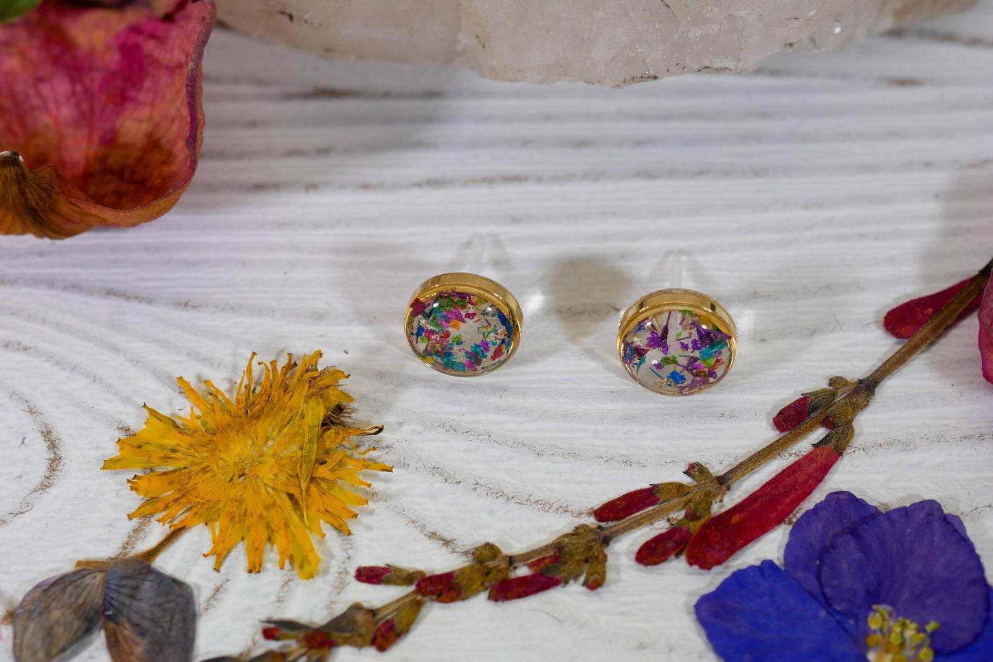 Real Flower confetti stud earrings, rainbow studs, Pressed flower jewelry