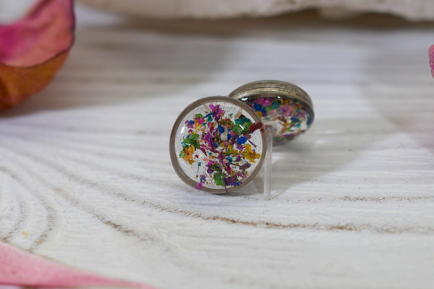 Real Flower confetti stud earrings, rainbow studs, Pressed flower jewelry