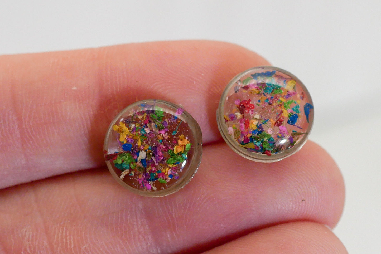 Real Flower confetti stud earrings, rainbow studs, Pressed flower jewelry