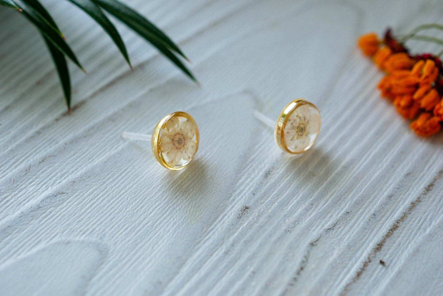 White flower earrings, Real flower stud earrings, Pressed flower jewelry, bridal terrarium earrings