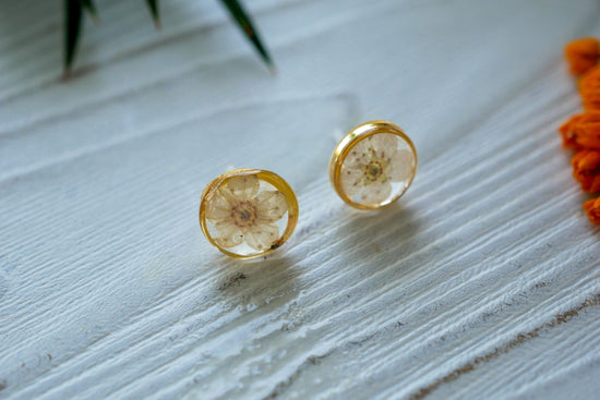 White flower earrings, Real flower stud earrings, Pressed flower jewelry, bridal terrarium earrings