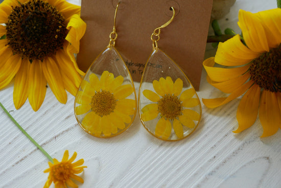 Large statement yellow flower teardrop earrings