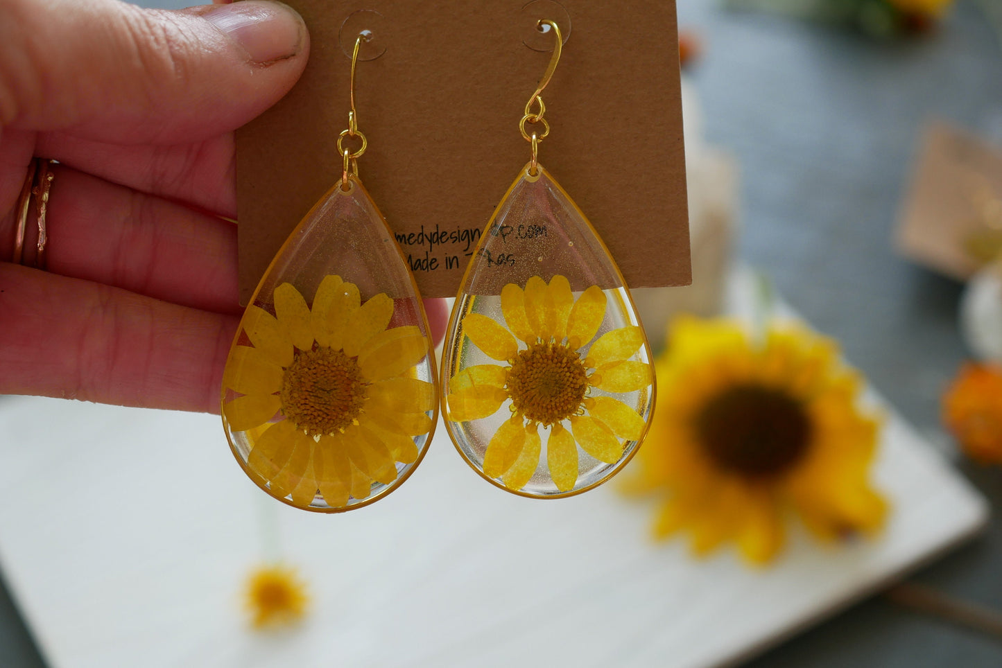 Large statement yellow flower teardrop earrings