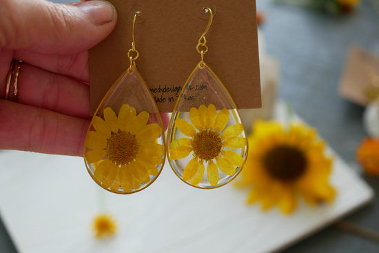 Large statement yellow flower teardrop earrings
