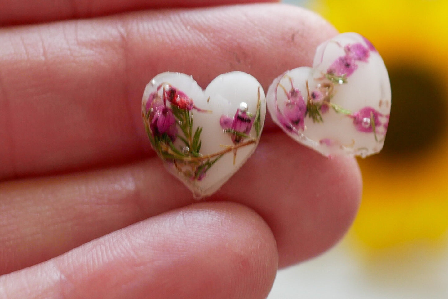 Pressed flower heart stud earrings, heather heart earrings