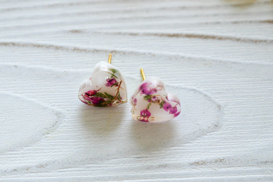 Pressed flower heart stud earrings, heather heart earrings
