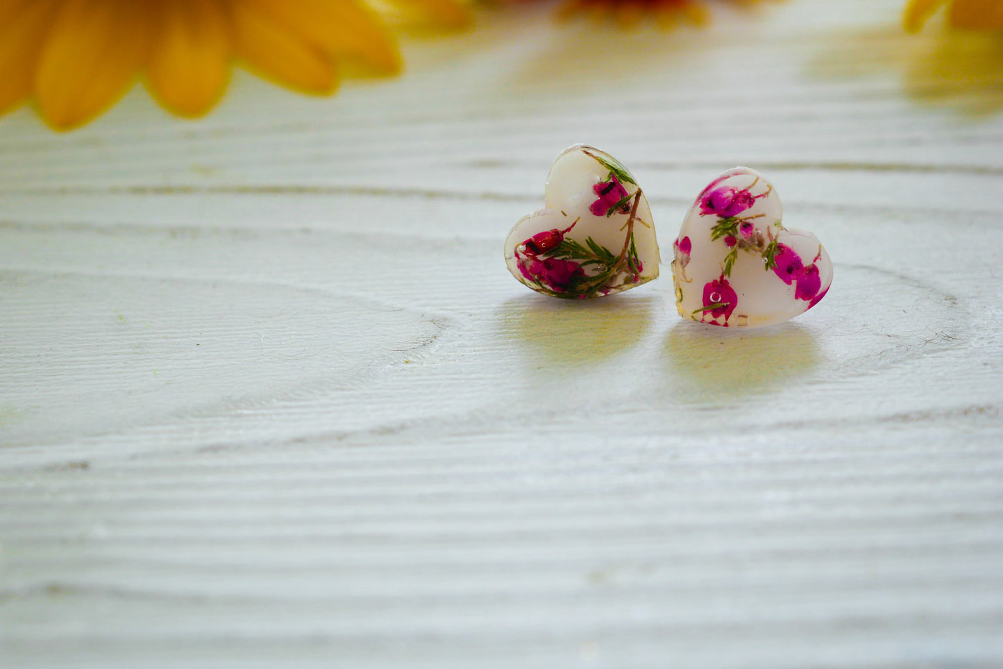Pressed flower heart stud earrings, heather heart earrings