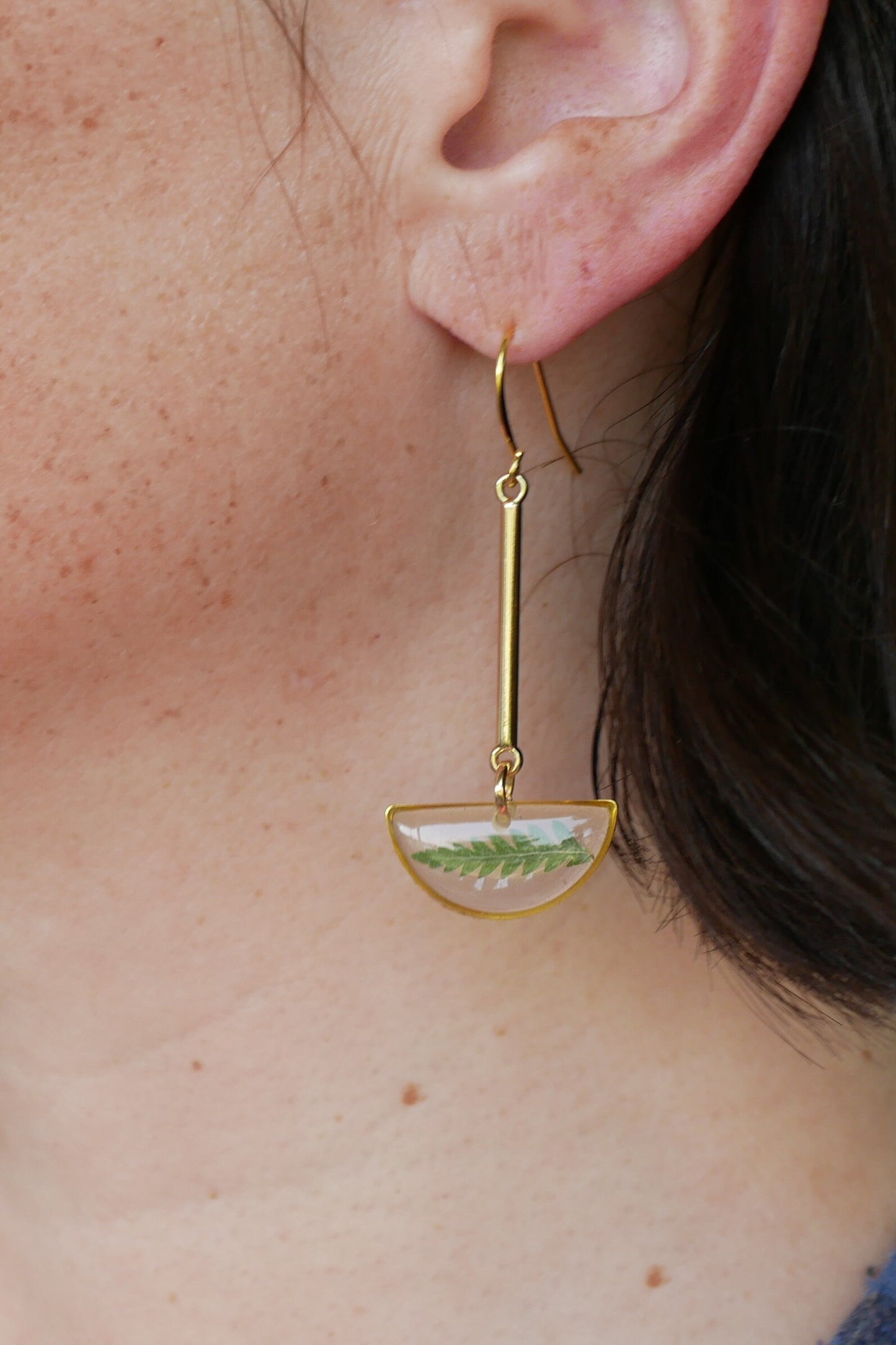 Fern half moon stick dangle earrings, pressed fern dangle earrings