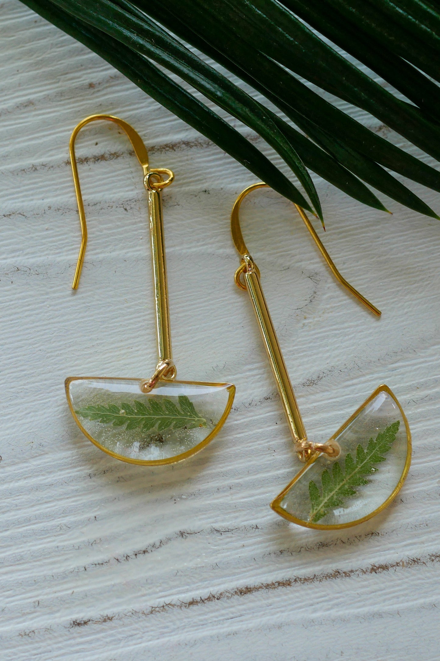Fern half moon stick dangle earrings, pressed fern dangle earrings