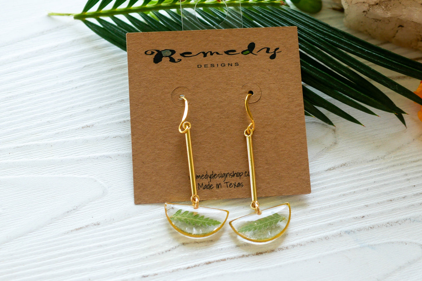 Fern half moon stick dangle earrings, pressed fern dangle earrings