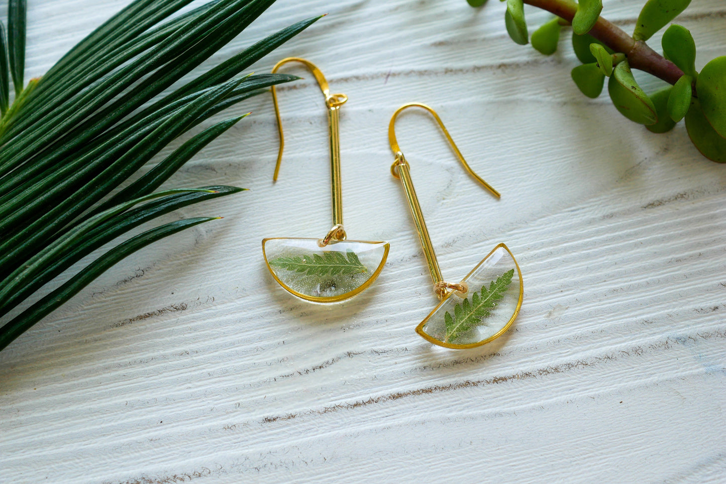 Fern half moon stick dangle earrings, pressed fern dangle earrings