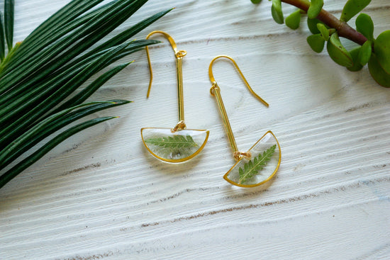 Fern half moon stick dangle earrings, pressed fern dangle earrings