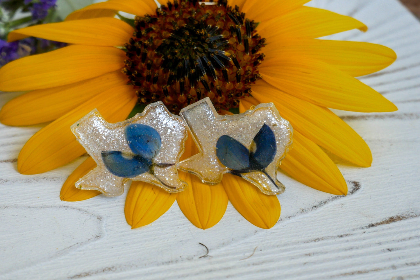 Texas bluebonnet stud earrings, Texas shaped earrings, pressed bluebonnet jewelry