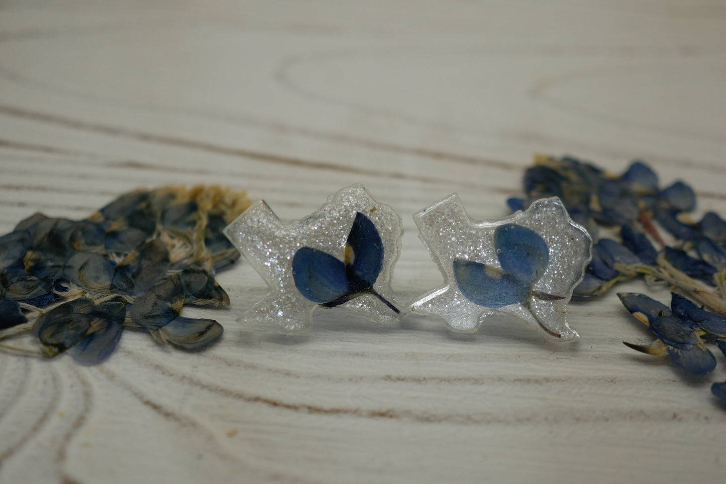 Texas bluebonnet stud earrings, Texas shaped earrings, pressed bluebonnet jewelry