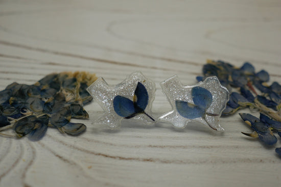 Texas bluebonnet stud earrings, Texas shaped earrings, pressed bluebonnet jewelry