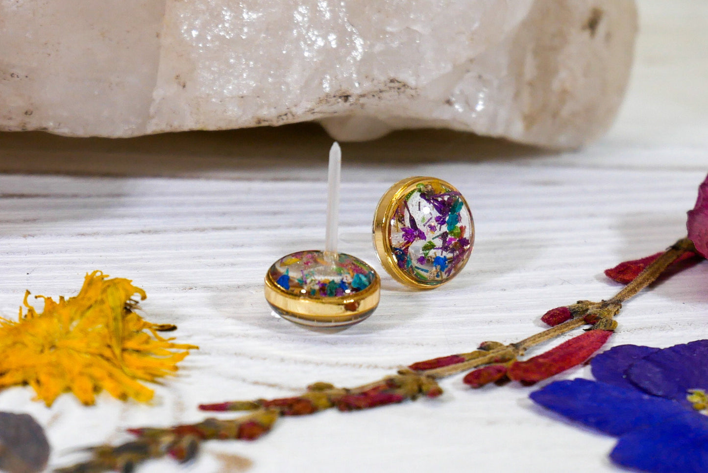 Real Flower confetti stud earrings, rainbow studs, Pressed flower jewelry