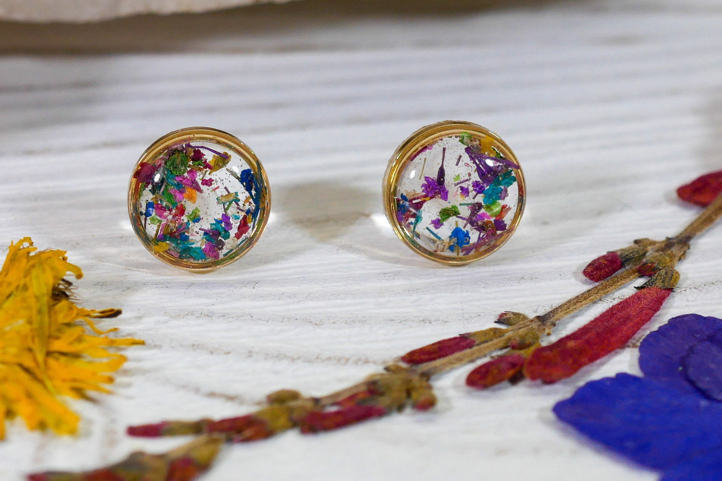 Real Flower confetti stud earrings, rainbow studs, Pressed flower jewelry