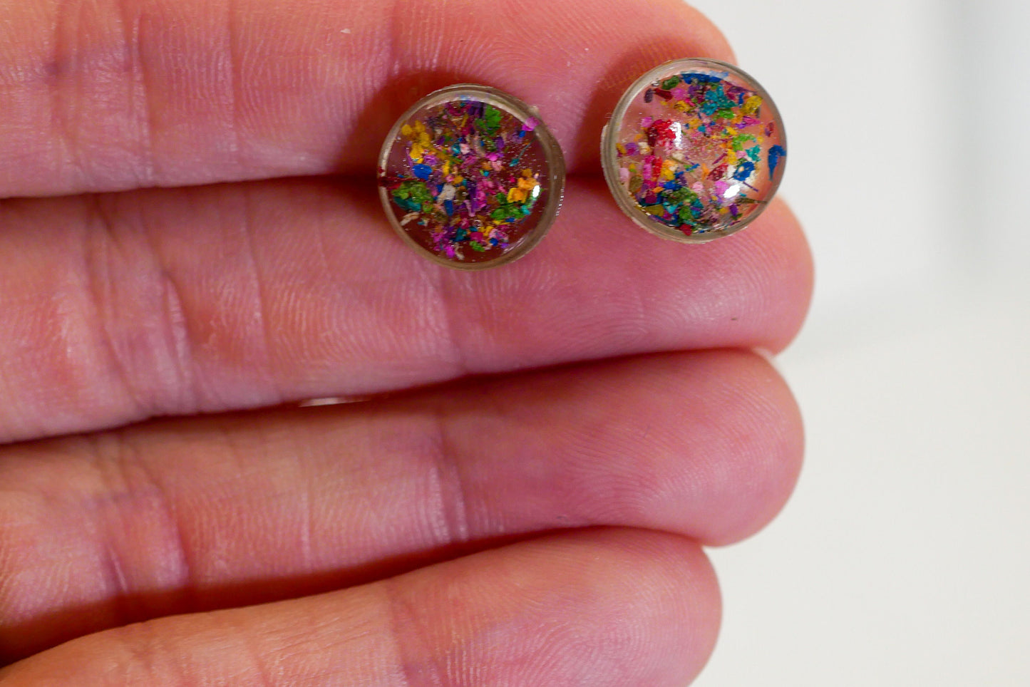 Real Flower confetti stud earrings, rainbow studs, Pressed flower jewelry