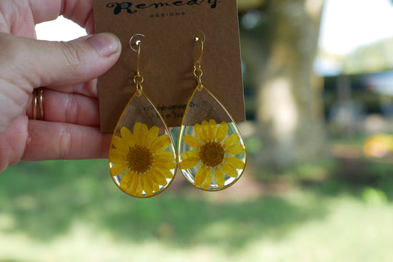 Large statement yellow flower teardrop earrings
