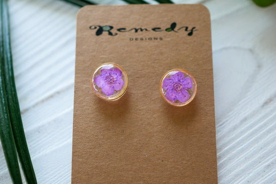 Purple flower stud earrings, Real pressed flower stud earrings, tiny minimalist earrings