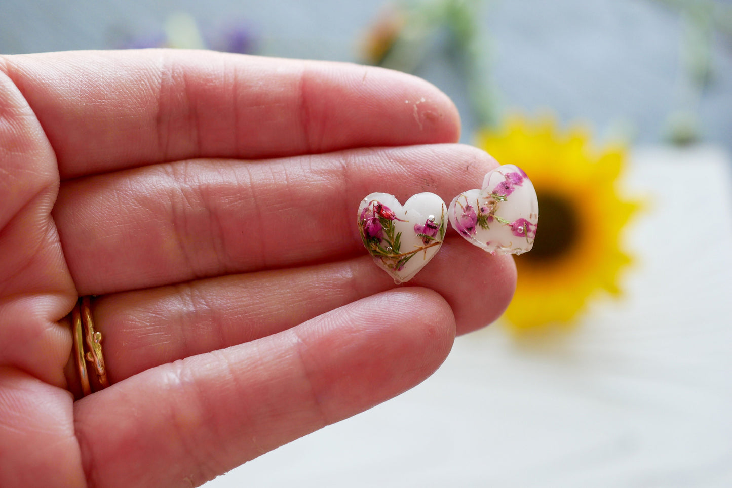 Pressed flower heart stud earrings, heather heart earrings