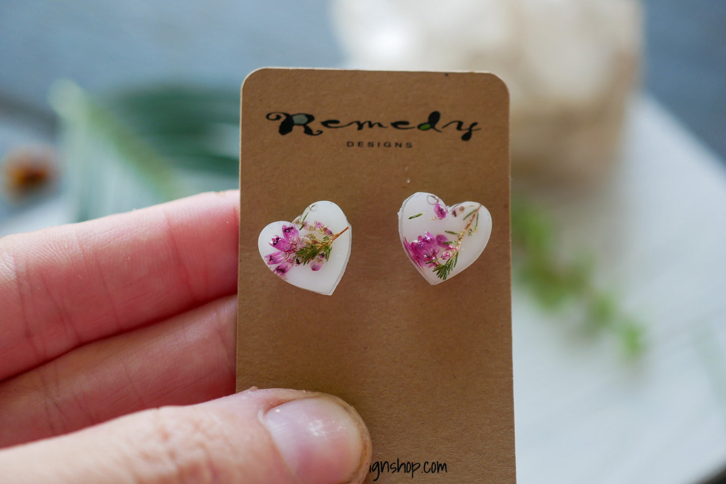 Pressed flower heart stud earrings, heather heart earrings