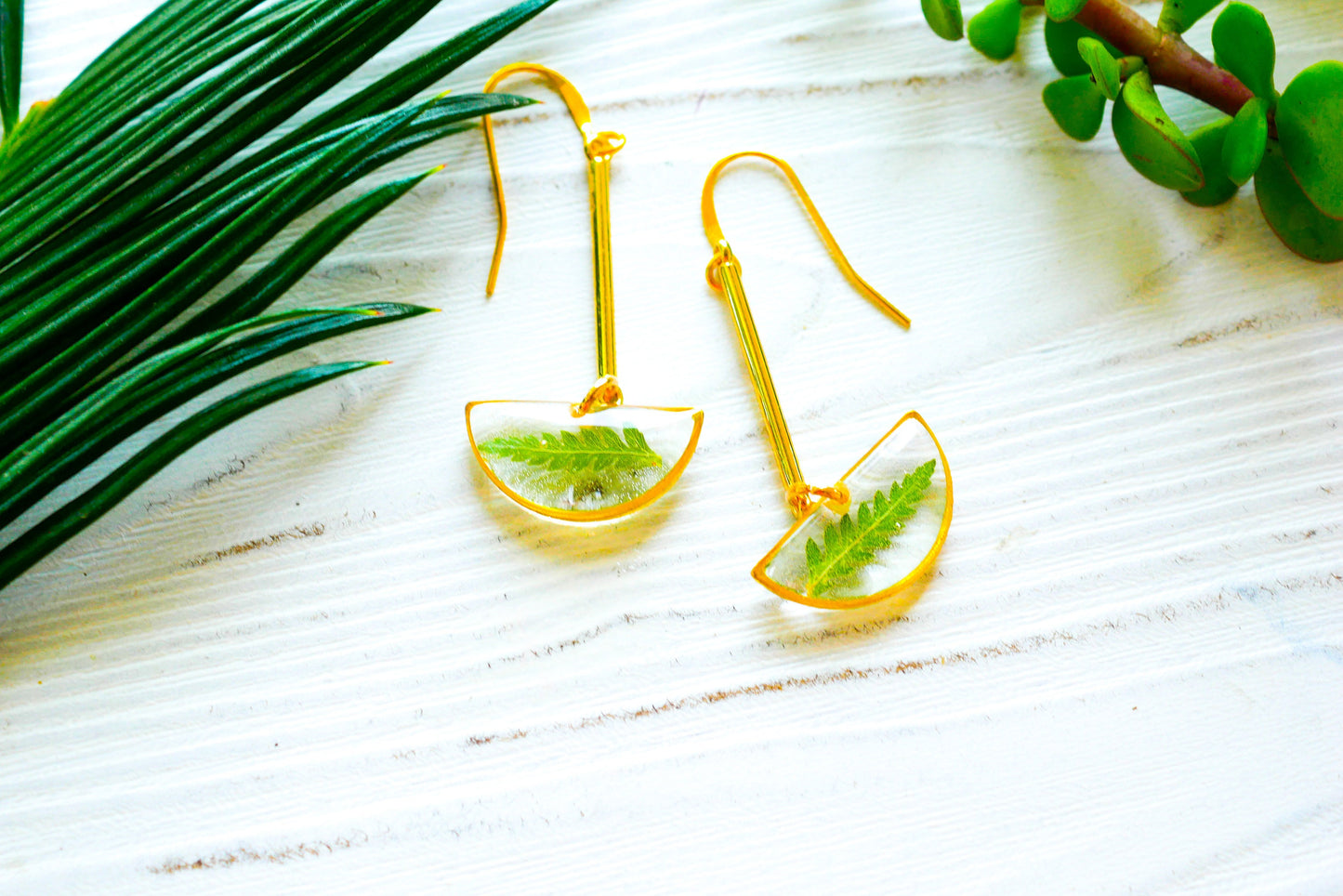 Fern half moon stick dangle earrings, pressed fern dangle earrings