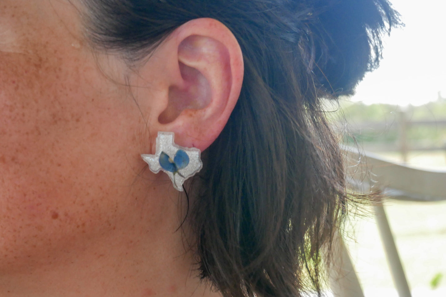 Texas bluebonnet stud earrings, Texas shaped earrings, pressed bluebonnet jewelry