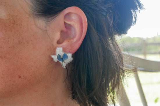 Texas bluebonnet stud earrings, Texas shaped earrings, pressed bluebonnet jewelry