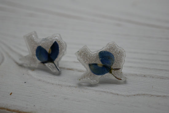 Texas bluebonnet stud earrings, Texas shaped earrings, pressed bluebonnet jewelry