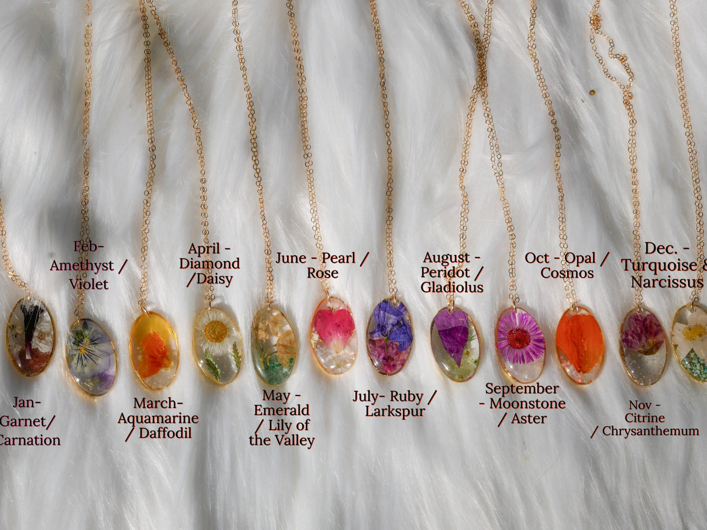necklace with real birth flower and birthstone