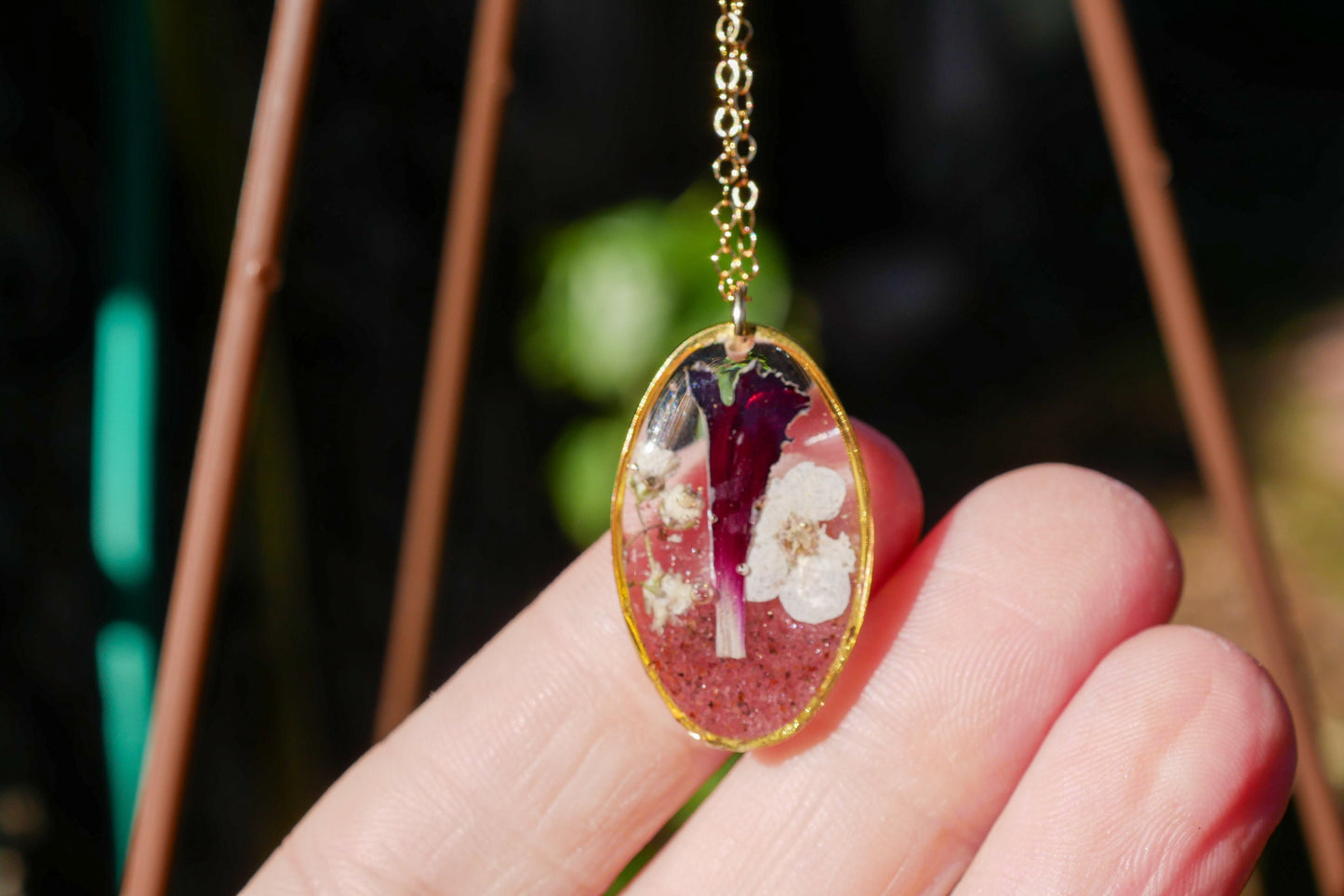 Birthflower and birthstone bouquet necklace pressed flower jewelry