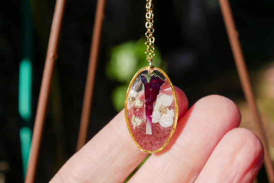 Birthflower and birthstone bouquet necklace pressed flower jewelry