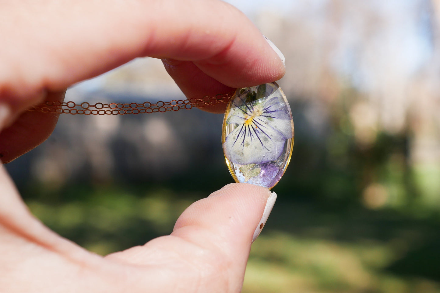 February birth month necklace, pressed birth flower jewelry, birthstone jewelry, pressed violet and amethyst necklace