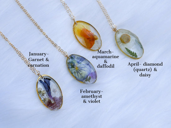 February birth month necklace, pressed birth flower jewelry, birthstone jewelry, pressed violet and amethyst necklace