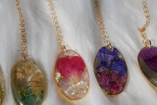 Birthflower and birthstone bouquet necklace pressed flower jewelry